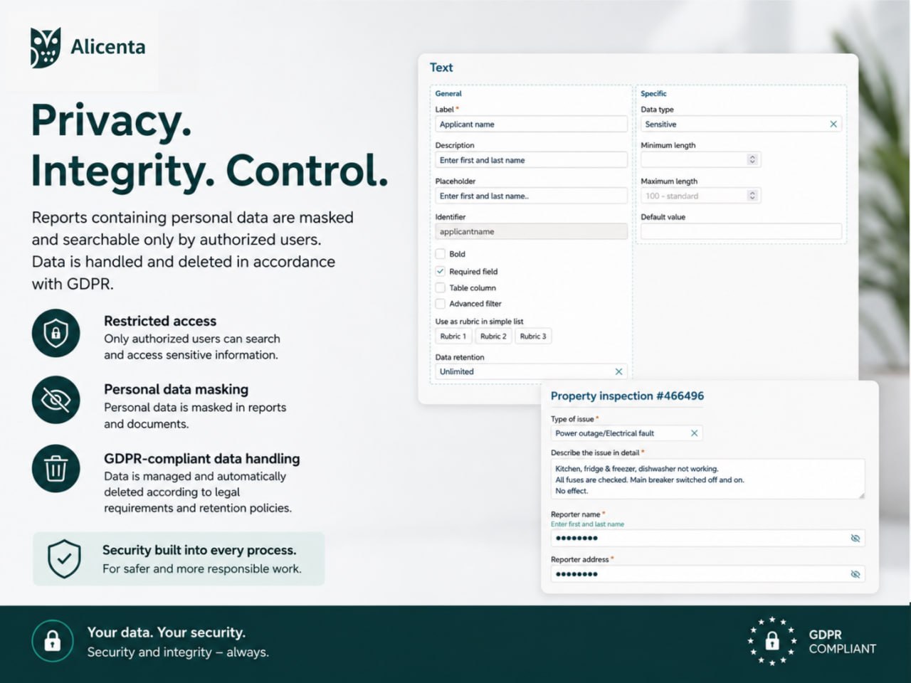 GDPR compliance and secure personal data handling in Alicenta